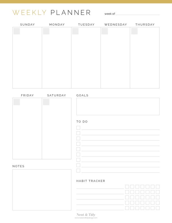 printable weekly appointment planner with to do list and habit tracker - gold