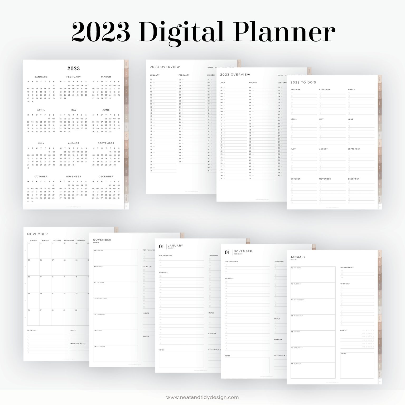 Digital 2023 Daily, Weekly, Monthly Planner Neat and Tidy Design