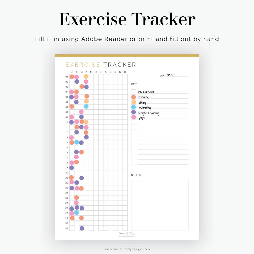 example of how to use the exercise tracker with colours, either printed out or in goodnotes