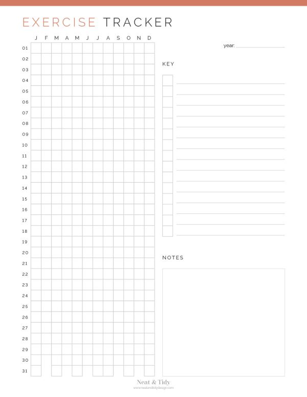 printable yearly exercise tracker to log all your exercise session on in coral