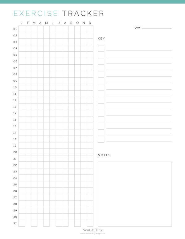 printable yearly exercise tracker to log all your exercise session on in teal