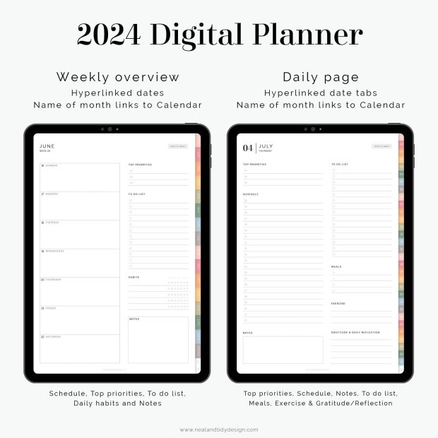 Digital 2024 Daily, Weekly, Monthly Planner - Neat and Tidy Design