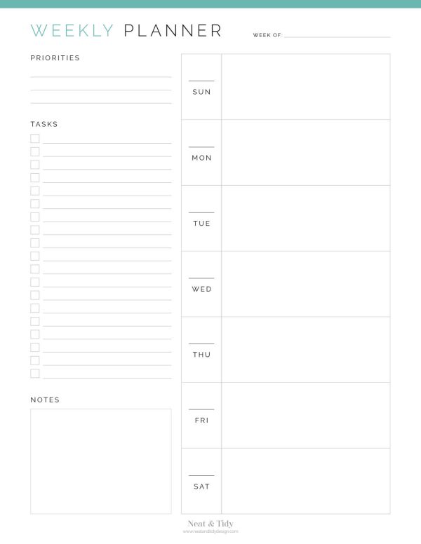 a weekly planner with monday or sunday start to the week, printable PDF
