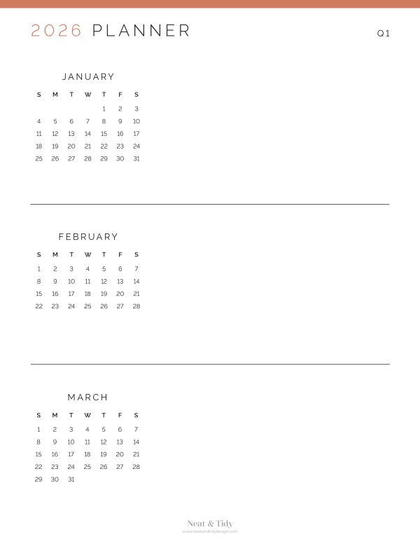 printable quarterly overview planner for 2026, with sunday or monday start to the week in three colours