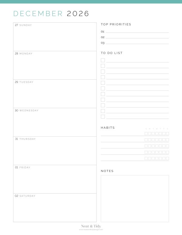 dated printable pdf weekly planner agenda for 2026, comes in three colours