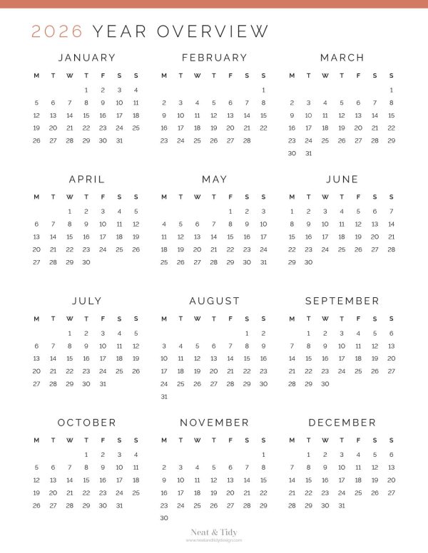printable dated year overview planner page for 2026