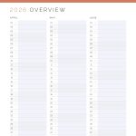 printable pdf dated list view calendar overview of 2026, two versions in three colours