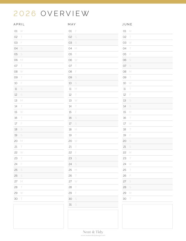 printable pdf dated list view calendar overview of 2026, two versions in three colours