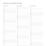 printable pdf dated list view calendar overview of 2026, two versions in three colours